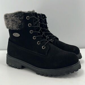 Lugz Convoy Fur Trimmed Ankle Combat Moto Boot Black Lace Up Lug Sole Suede 6.5